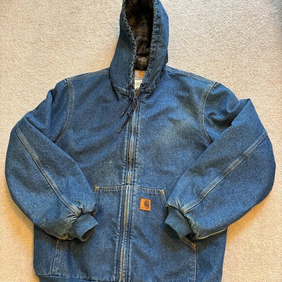 Carhartt Denim Hooded Jacket Men's Size M Blanket Plaid Lined J139 DST - Picture 1 of 8